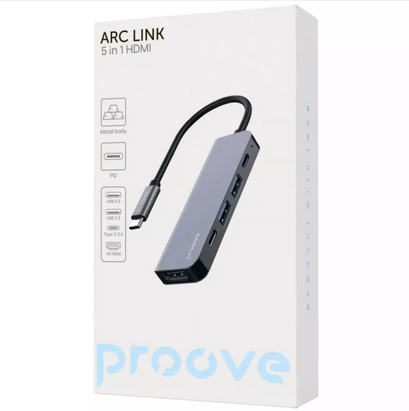 USB-хаб Proove Arc Link 5 in 1. Розгалужувач USB 5 в 1 Type-C (HDMI 4K//Type-C PD3.0/USB) USB-хаб / USB HUB 00467 фото