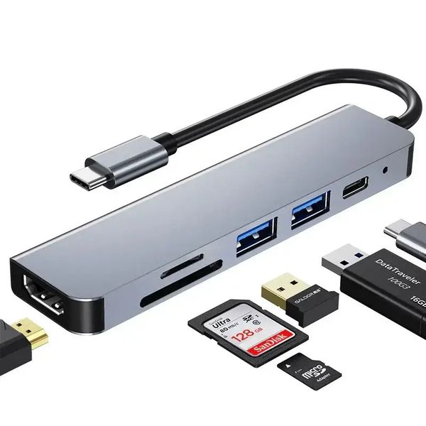 USB разветвитель 6 в 1 Type-C (HDMI 4K/PD/TF/SD/USB) ws051 фото