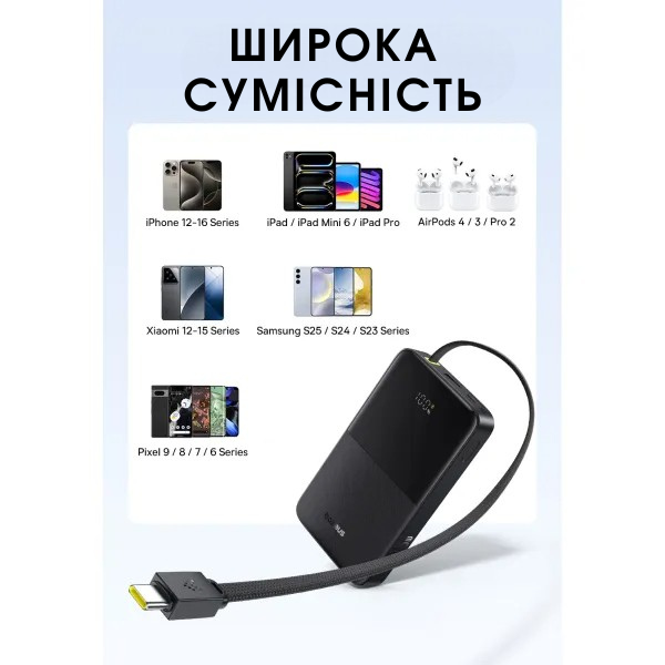 Внешний аккумулятор, повербанк Baseus EnerFill Bipow2 Pro 10000mAh 22.5W со встроенным кабелем и быстрой зарядкой 0367 фото