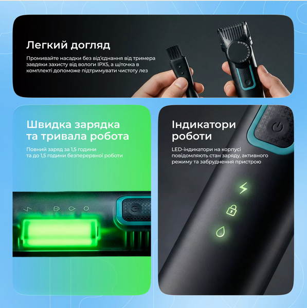 Бездротовий тример Proove Dorian 5 в 1 для бороди, волосся, носа та вух. Машинка для стрижки з насадками 00524 фото